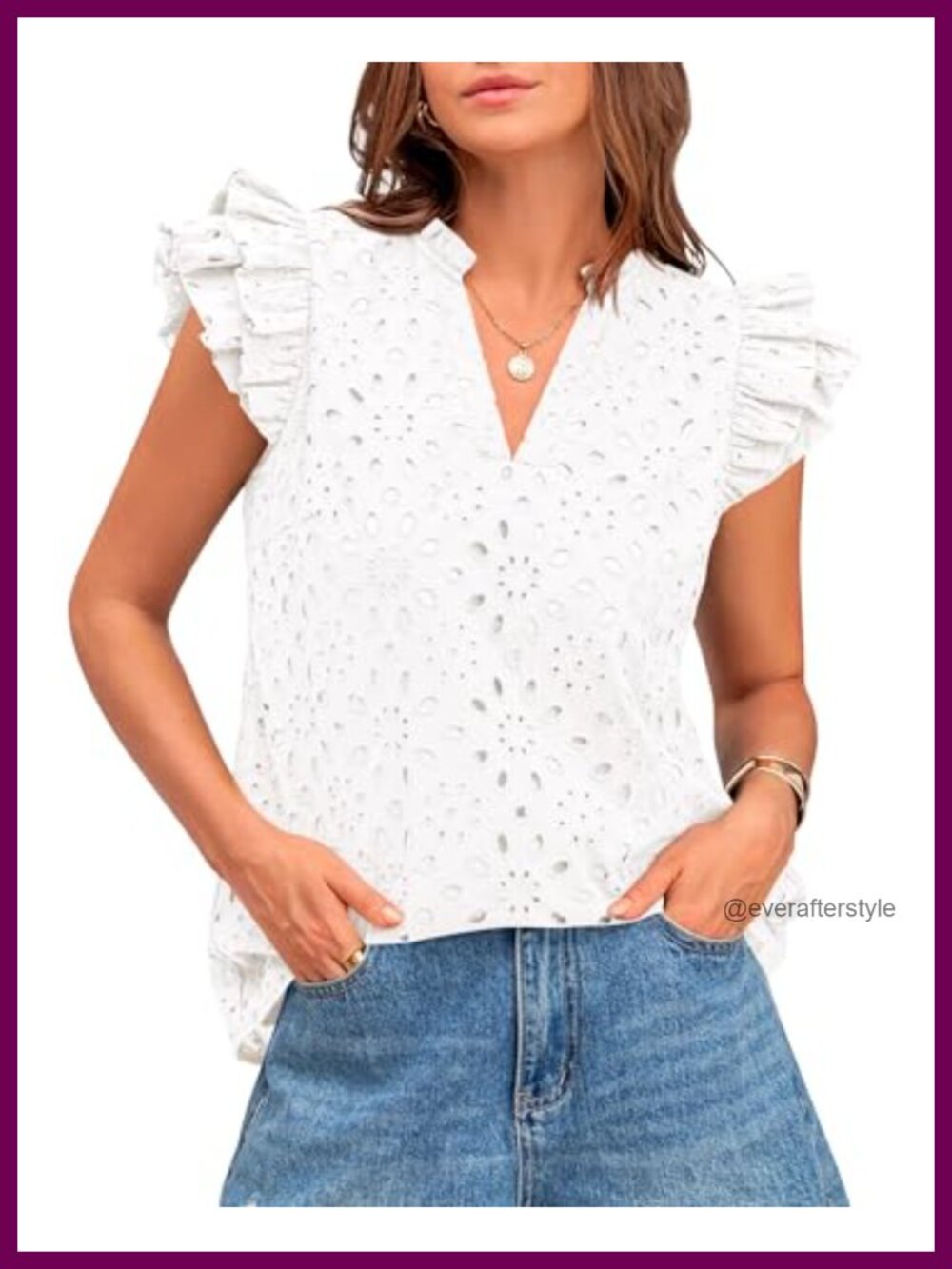 Eyelet Embroidered Top Womens Ruffle Sleeve V Neck Blouse Work Casual